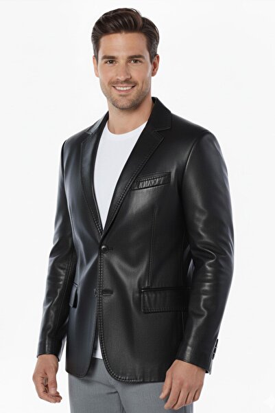 Deriderim Black Lou Men's Genuine Leather Blazer Jacket