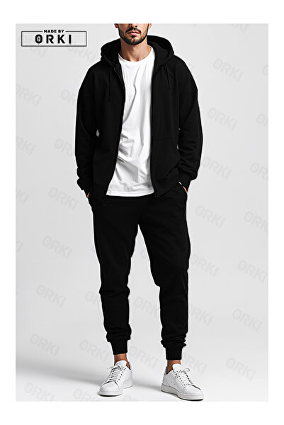 EFFRENATU Black Unisex Clothing Hooded Zippered Printed Top & Bottom Set Large Size