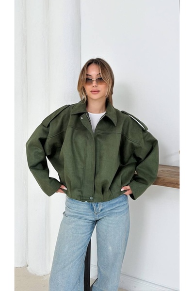 Azra Moda Style سترة بومبر نسائية من الجلد السويدي باللون الأخضر الكاكي للموس...