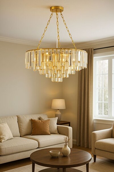 Luna Lighting Güneş Model Gold Kaplama Şık Kristal Tarz Kristal Salon Oturma Yemek Odası Hol Antre Avize