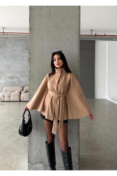 candybia Γυναικείο παλτό Poncho με λεπτομέρεια ζώνης, εισαγόμενο με κουμπιά καστανιάς, μοντέλο ψηλός λαιμός