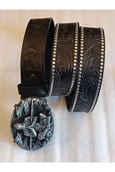 Butik Tülin حزام أصلي من الجلد الصناعي باللون الأسود للجنسين مكون من مطبوع مس...