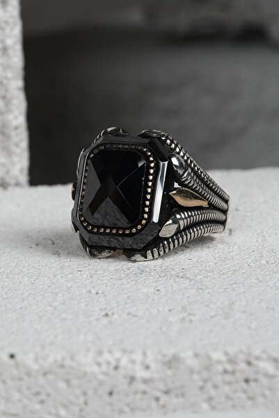 FRNCH 925 Ayar Gümüş Zirkon Taşlı Siyah-Altın Renkli Erkek Yüzük FRJ60093-193...