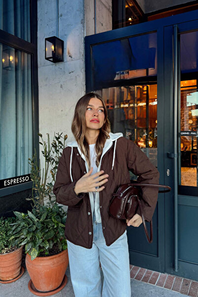 Sue Store Μπουφάν με κουκούλα με επένδυση από καφέ πικρό χρώμα