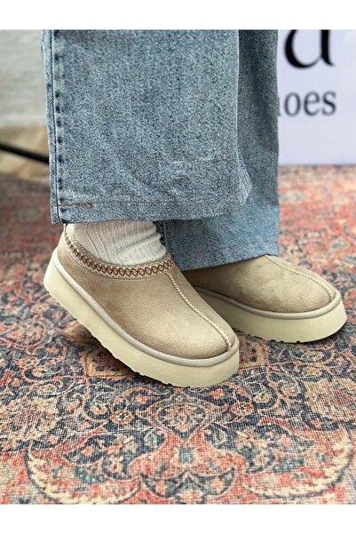 SİBA SHOES Yula İçi Kürklü İşleme Detaylı Bej Süet Kadın Bot