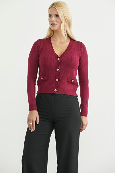 Sementa Buttoned Knit Cardigan with Pocket Detail - Burgundy