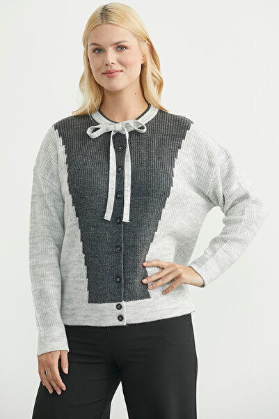 Sementa Wool Double Color Buttoned Knitwear Cardigan - Light Gray
