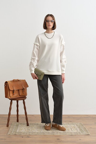 Nihan Kolları Poplin Örme Sweat Ekru