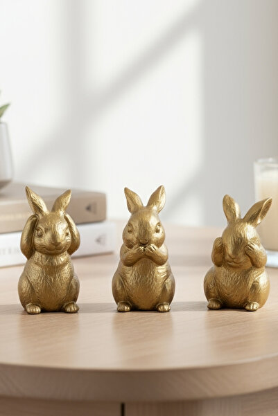 TR Turan Collection BUNNY - 3'lü Tavşan Biblo Seti - Altın Renk Dekoratif Bib...