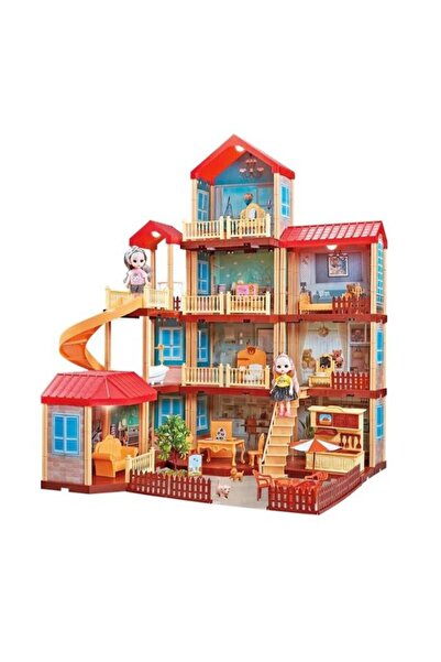 Allmati Casuta papusi marime cu 4 etaje, tobogan, lumini, papusi si mobilier