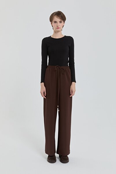 Nihan Knitted Elastic Waist Wide Leg Trousers Brown