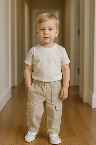 Montisu بنطلون رجالي جيب جانبي كبير قطع باللون البيج 100% قطن، قماش جبردين