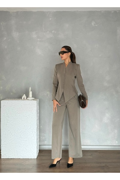 Nesil Shoulder Pad Piece Classic Women's Arven Jacket and Pants Set with Buttons on the Front