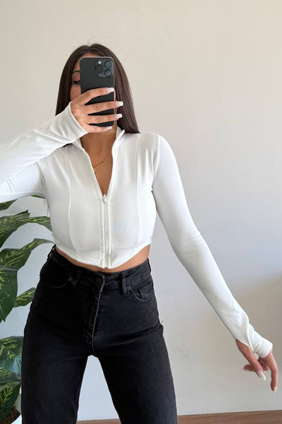 Marka Γυναικείο μπουφάν με φερμουάρ από υφασμάτινο οθωμανικό ύφασμα Deta Crop Bady