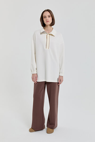 Nihan Şeritli Devrik yaka Örme Sweat Ekru