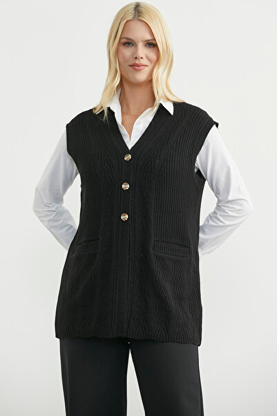 Sementa Buttoned Knit Vest with Pockets - Black