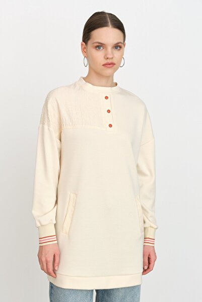 Nihan Ribana Detaylı Kumaş Garnili Örme Sweat Krem