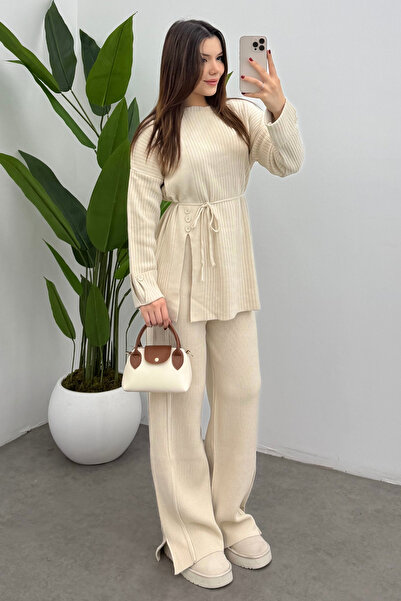 Bipantolon Women's Ecru Waist-Tied Button Detailed Corded Fabric Knitwear Sweater Trousers Two-Piece Set