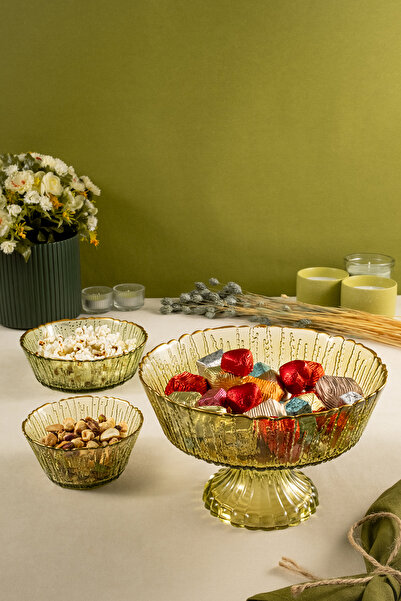 Fecra Rita 3-Piece Glass Bowl Set Green with Gold Mesh