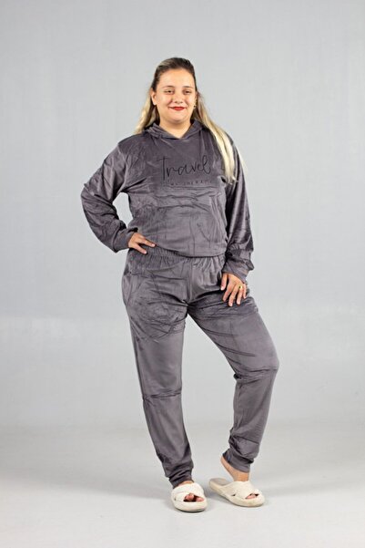 Truva XXL Hooded Velvet Plus Size Set Gray – Premium Quality, Comfortable and Stylish Women's Tracksuit Set