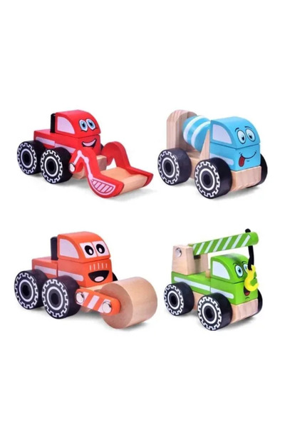 Stuniko Set mașinuțe utilitare din lemn, 4 bucăți, jucării interactive pentru...