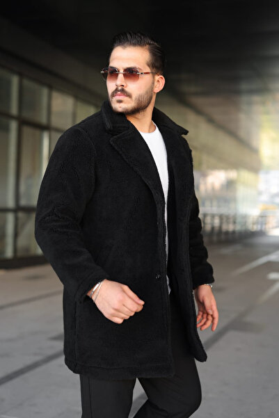 Tarz Cool Men's Black Plush Buttoned Coat