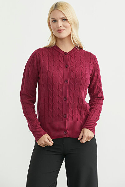 Sementa Buttoned Crew Neck Knit Cardigan - Burgundy