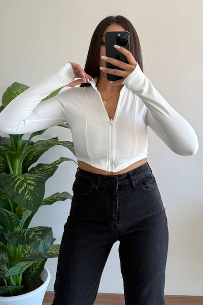 Marka Γυναικείο μπουφάν με φερμουάρ από υφασμάτινο οθωμανικό ύφασμα Deta Crop Bady