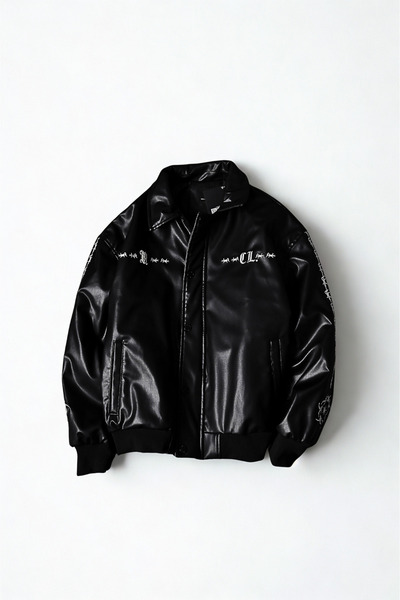 A&O Style Jachetă bomber din piele pentru bărbați, neagră, cu supradimensiona...