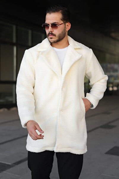 Tarz Cool Чоловічий білий плюшевий пальто з ґудзиками