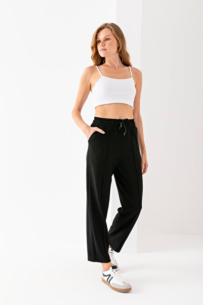 OLİZZA Women's Black Balloon Fit Double Pocket Modal Fabric Soft Textured High Waist Elastic Stretch Fabric Sweatpants