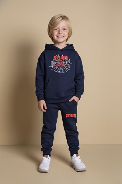 cm buseyiz Boys' Printed Kangaroo Pocket Sweatshirt and Ribbed Sweatpants with Side Pockets