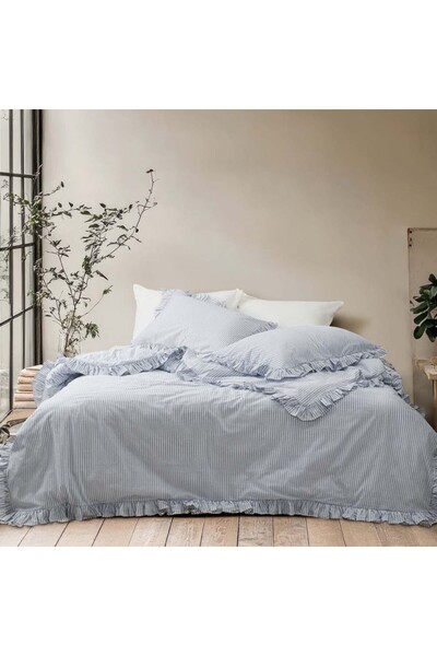 Class-Majoli Double bed ruffled bedding, 100% prewashed ranforce cotton, Milagros Ren storm with blue stripes