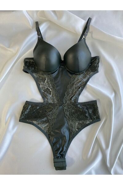Gold Night Γυναικείο δερμάτινο χακί διαφανές φορμάκι με κουμπωτά και σουτιέν Φανταχτερά εσώρουχα