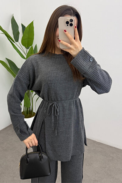 Bipantolon Women's Gray Waist Tied Button Detailed Corded Fabric Knitwear Sweater Trousers Two-Piece Set