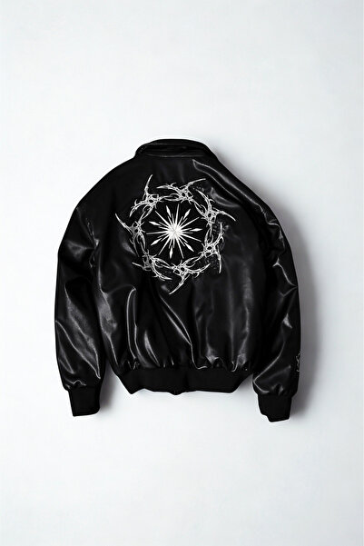 A&O Style Men's Black Oversized Thorn Embroidered Lined Bomber Leather Jacket