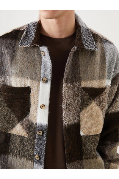 LC Waikiki XSIDE Кафява удобна мъжка риза с дълги ръкави и тартан мотив