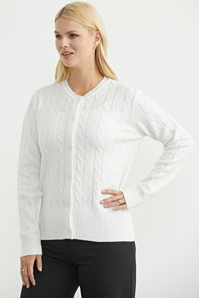 Sementa Buttoned Crew Neck Knit Cardigan - Bone