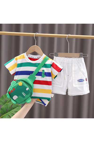 Choice 5T WHITE Summer Cute Cartoon Dinosaur Fashion Children O-neck T-shirt+Shorts+Bag Toddler Baby Boys G
