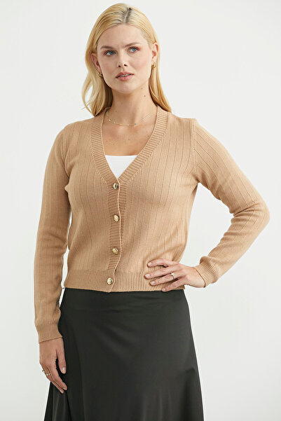 Sementa Buttoned Knit Cardigan with Pocket Detail - Camel