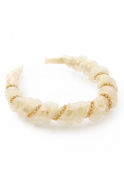 New Obsessions White Tulle Fabric and Bead Embroidered Shark Tooth Bone Crown