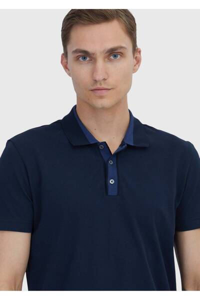 Ramsey Μπλουζάκι Navy Blue Plain Polo Neck 100% βαμβακερό