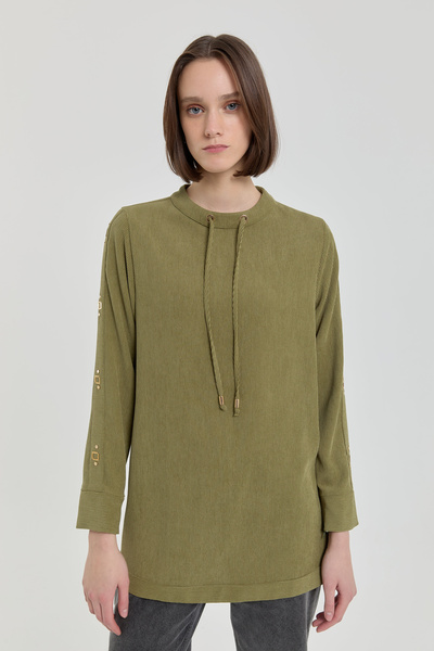 Nihan Metal Aksesuarlı Kadife Tunik Haki