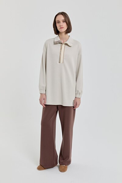 Nihan Şeritli Devrik yaka Örme Sweat Taş