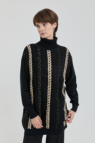 Nihan Şönil Saç Örgü Süslemeli Merserize Tunik Siyah