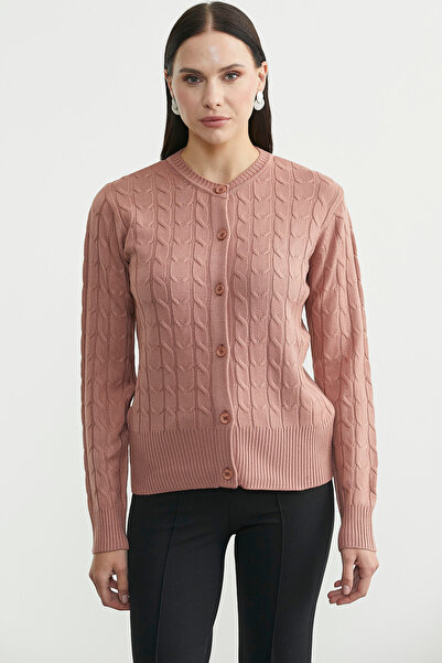 Sementa Buttoned Crew Neck Knit Cardigan - Rose