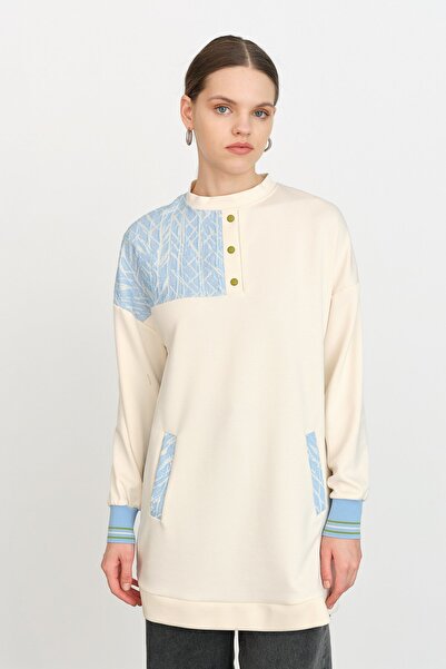 Nihan Ribana Detaylı Kumaş Garnili Örme Sweat Mavi