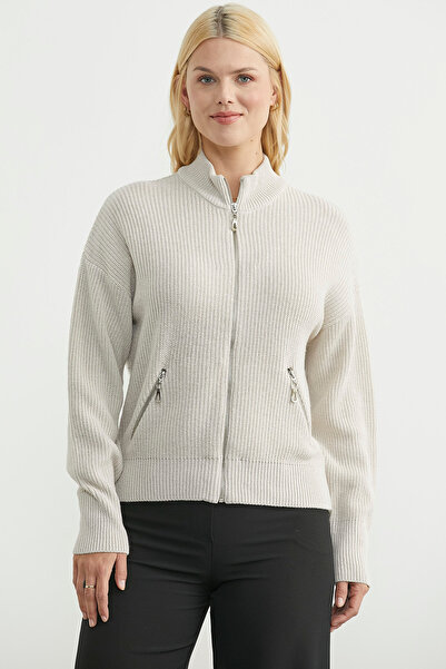 Sementa Yünlü Dik Yaka Fermuarlı Triko Hırka - Vizon