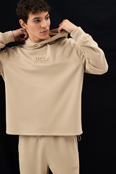 UCLA Ανδρικό φούτερ WINFREY Dark Beige με κουκούλα με στάνταρ εφαρμογή εκτύπωσης με γκόφρε