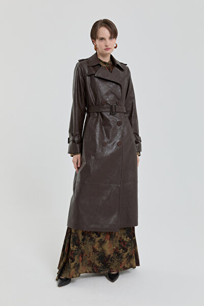 Nihan Kruvaze Deri Trençkot Kahve